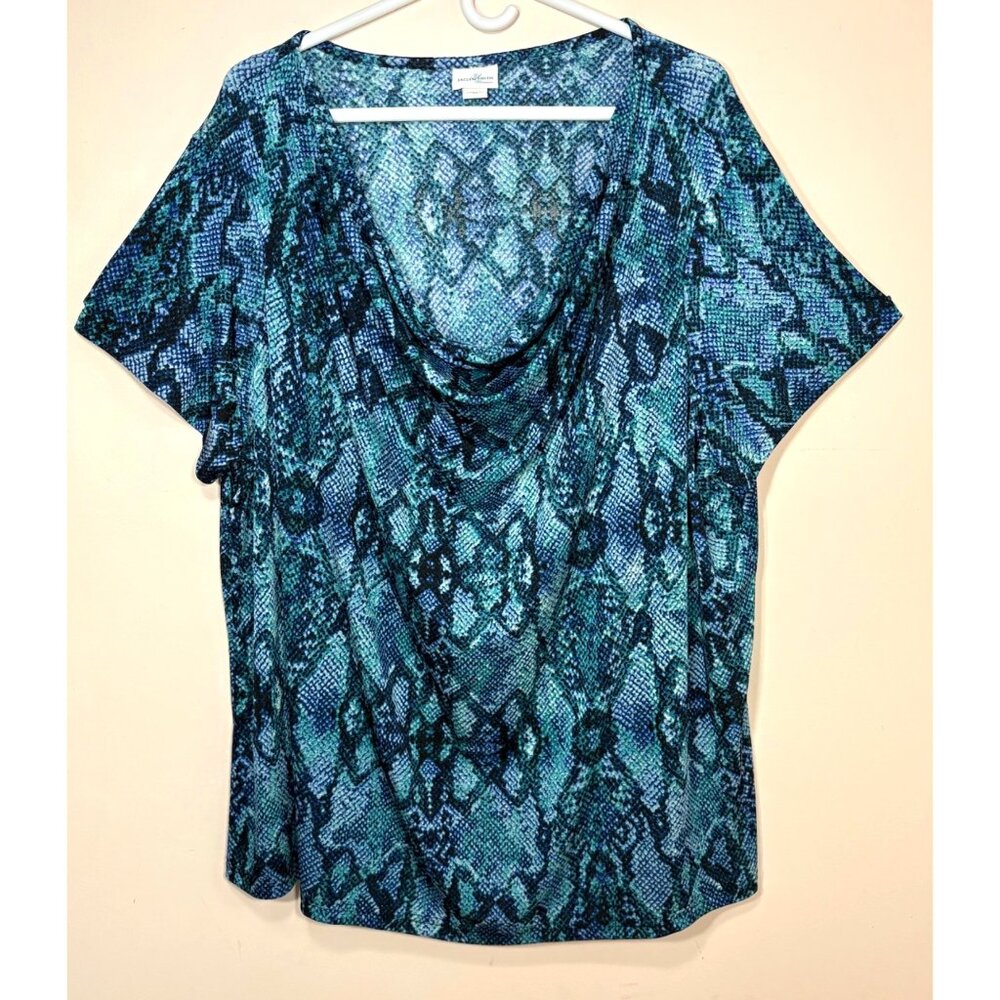 Jaclyn Smith Womens 3X Blue/Green/Black Snake Print Cowl Neck Short Sleeve Top